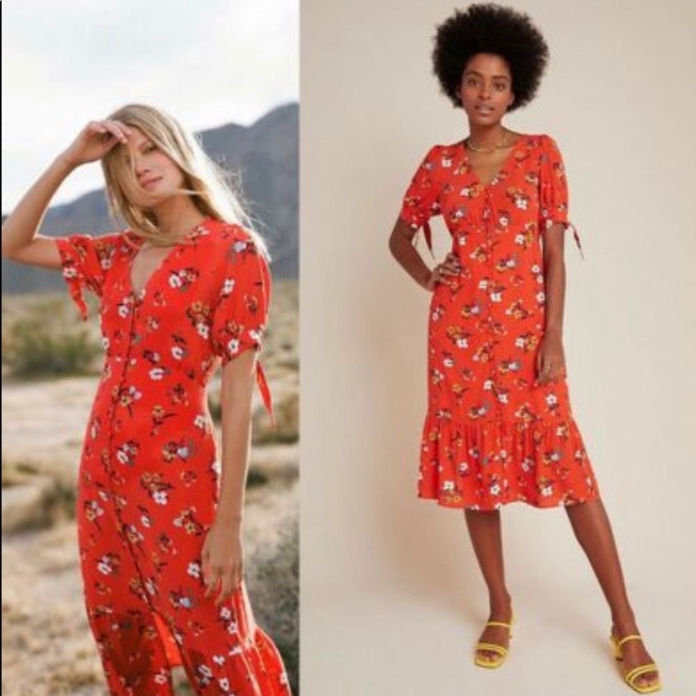 Anthropologie red floral button down midi dress
